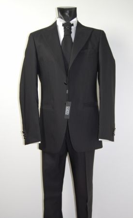 Luciano Soprani black pated dress with waistcoat and tie 