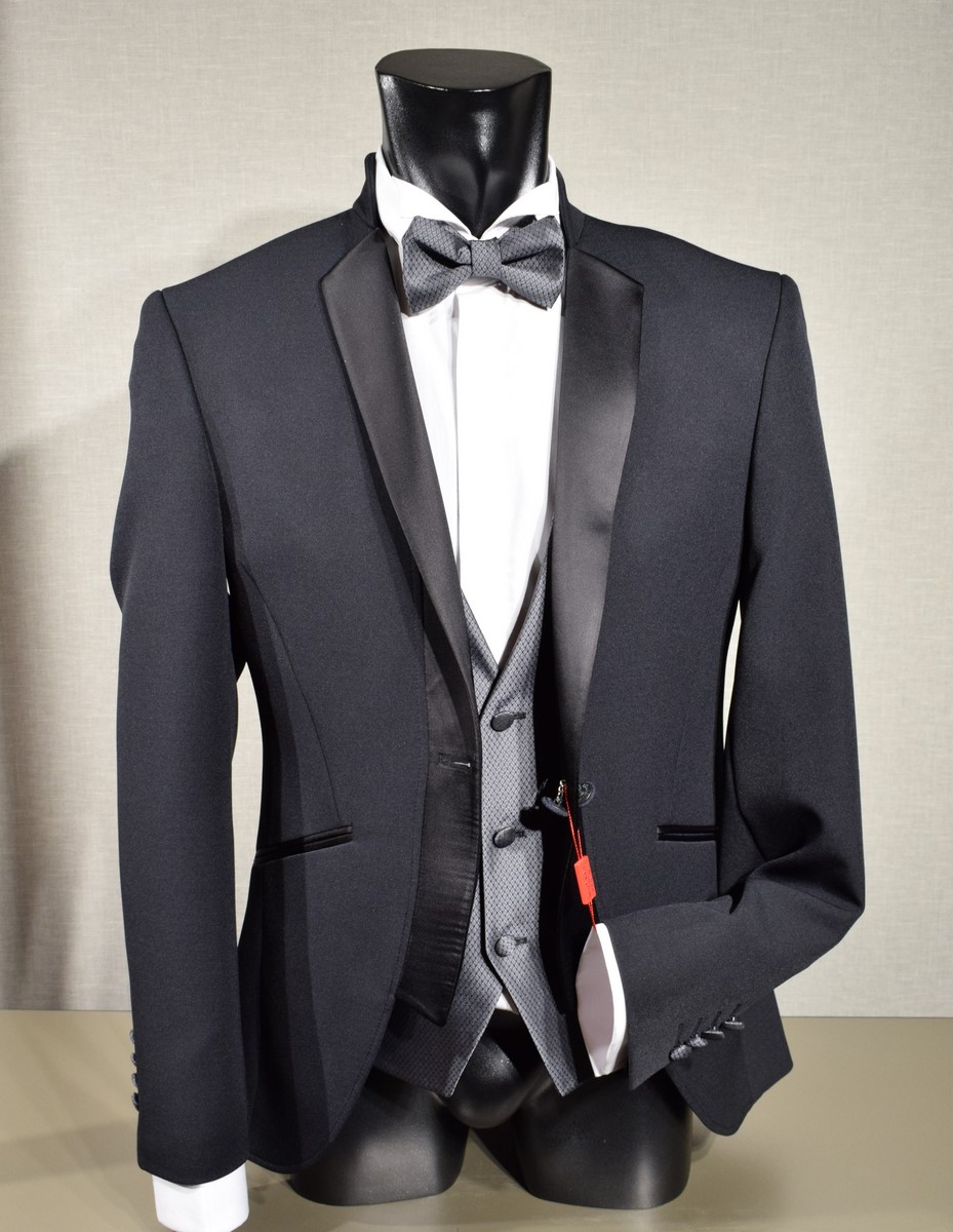 Completo Due Pezzi Elegante Tuta Smoking Uomo Slim Fit Nera LUCCI - Completo Elegante Con Risvolto In Raso, 2 Pezzi Completo Formale Uomo Per Matrimoni - Foto 8