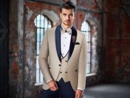 Smoking beige baggi cerimonia slim fit completo di panciotto e papillon