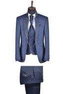 Abito slim fit alla coreana blu damascato con gilet e cravatta 