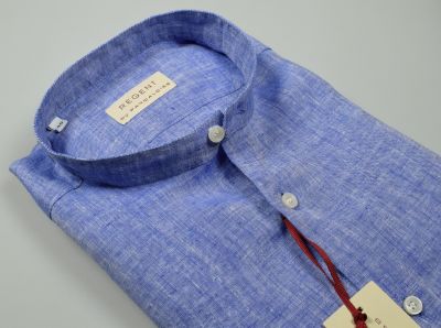 Camicia azzurra in puro lino pancaldi slim fit collo alla coreana 