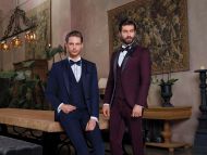 Baggi burgundy tuxedo complete with waistcoat and bow tie
