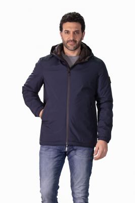 Reversible blue short jacket with hood