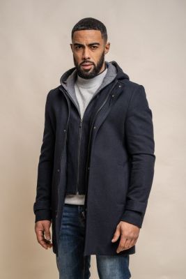 Blue cavani coat with slim fit hood