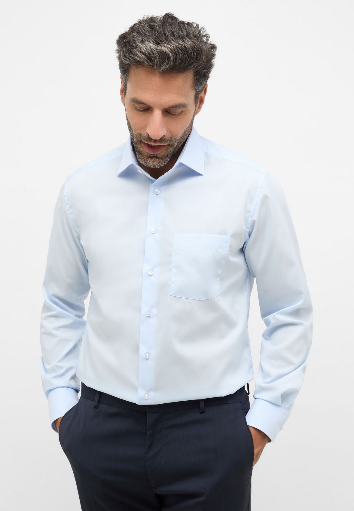 Camicia uomo celeste Eterna Modern Fit Cotone popeline No stiro Saldi