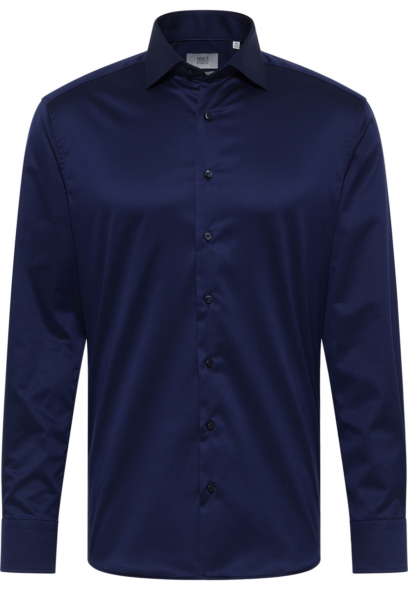 Camicia Uomo ETERNA In Popeline Blu Scuro - Modern Fit, Non Stira, Colletto Con Bottoni