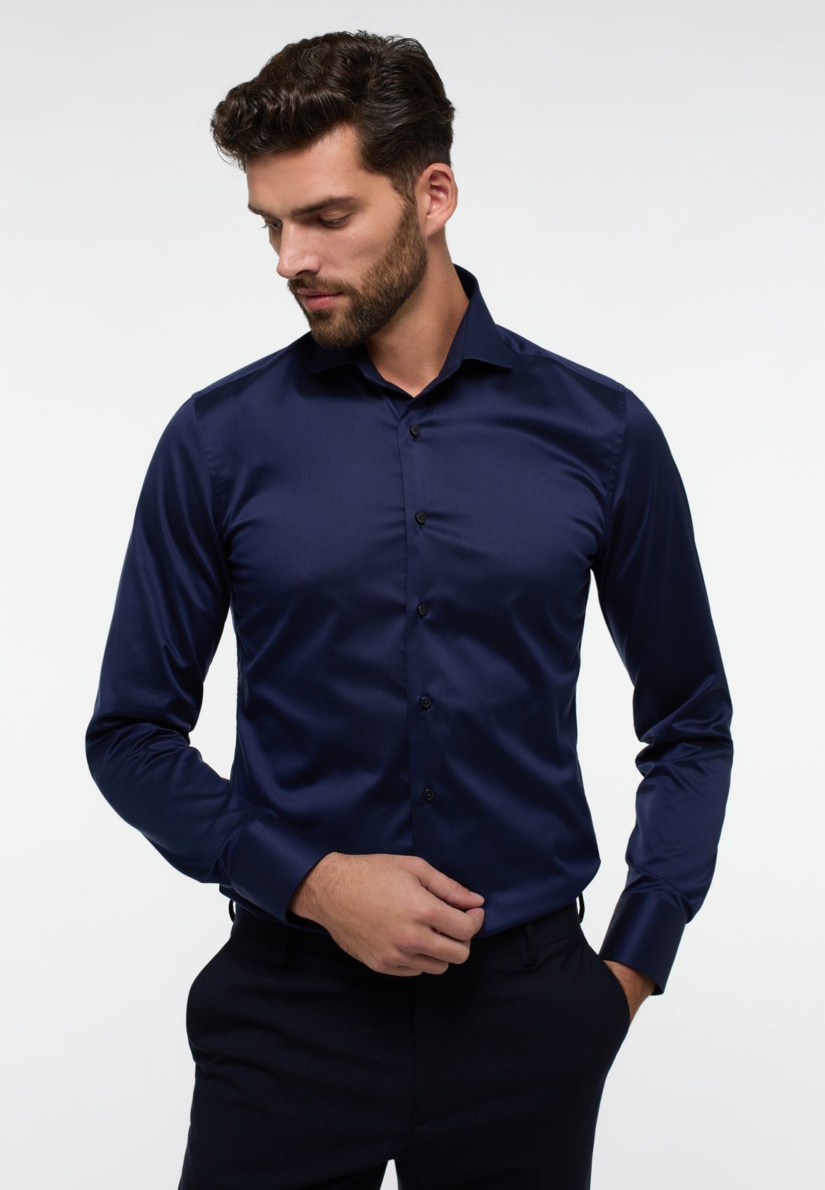 Premium Fit Sale Cotton Men\'s Eterna No Shirt Iron dark Slim – blue Twill