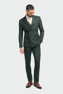 Green double-breasted cavani suit with slim fit checks