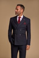Blue double-breasted cavani suit with slim fit checks