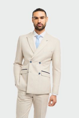 Beige double-breasted cavani suit with slim fit checks