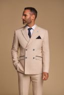 Beige double-breasted cavani suit with slim fit checks