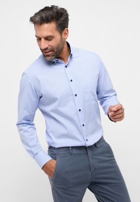 Men's Classic Checkered Shirt Light Blue – Modern Fit Eterna Cotton Poplin