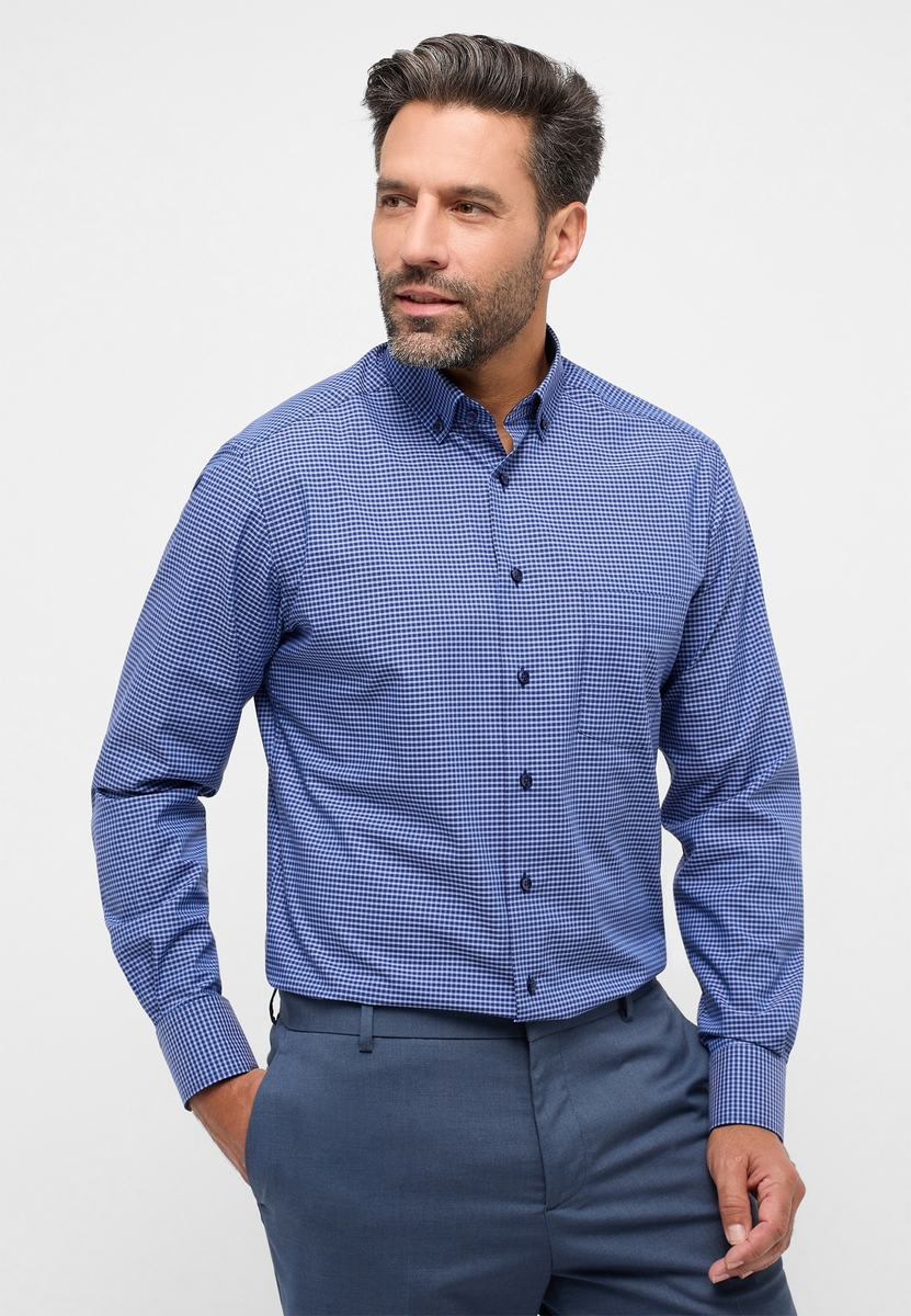 Men's Classic Checkered Shirt Royal Blue – Modern Fit Eterna Cotton Poplin