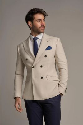 Beige cavani slim-fit double-breasted jacket with unlined