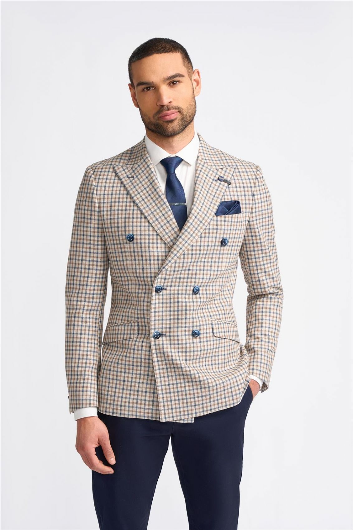 Beige checked jacket with slim fit double-breasted cavani