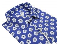 Camicia ingram azzurra fantasia floreale cotone e lino slim fit