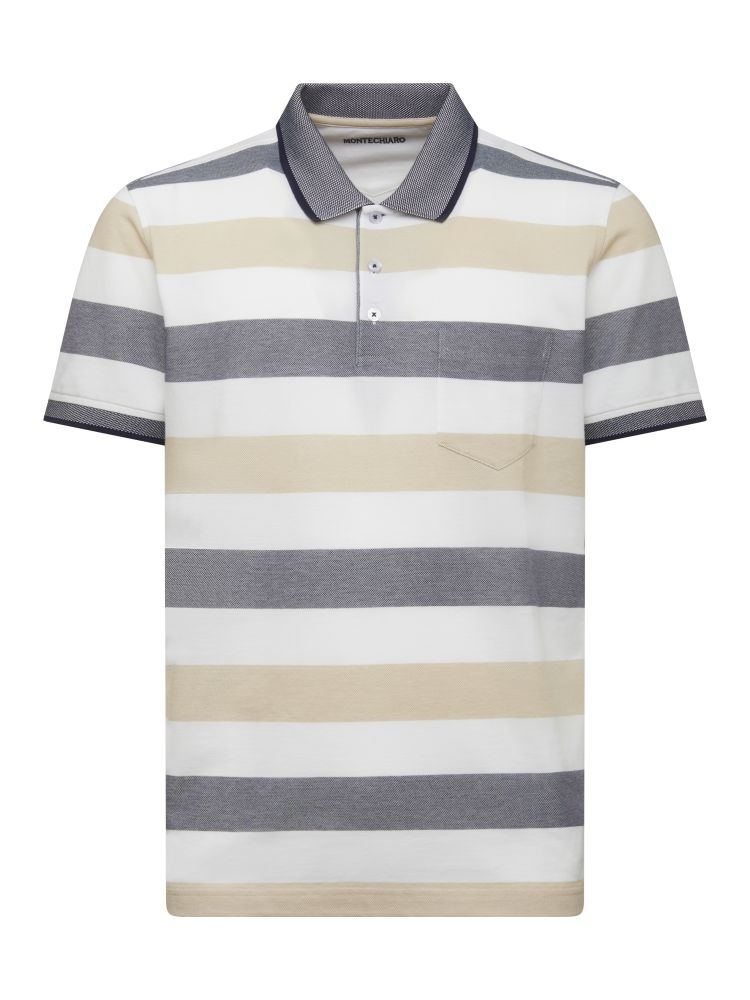 Beige striped polo shirt with non-iron piqué cotton pocket