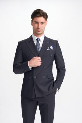 Double-breasted suit in cavani dark blue stretch wool