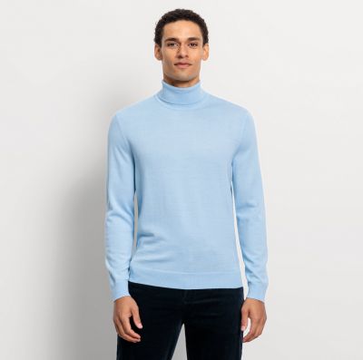 Extra fine merino wool turtleneck sweater light blue by Olymp
