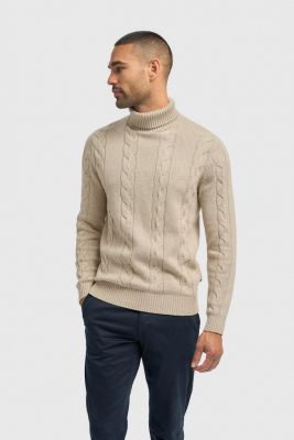 Beige turtleneck sweater cavani with cable knit pattern.