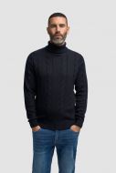 Blue turtleneck sweater cavani with cable knit pattern.