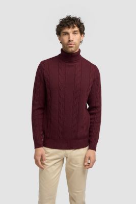 Burgundy turtleneck sweater Cavani with cable knit design.