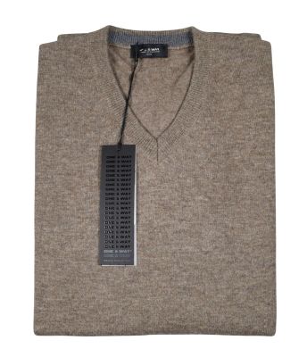 Taupe v-neck pullover in lambswool by pyke studio