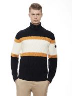 Blue knitted turtleneck sweater with diamond pattern