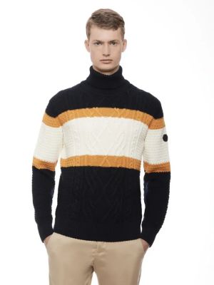 Maglione dolcevita blu tricot con lavorazione a losanghe