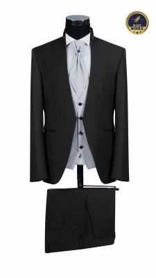 Baggi black groom's suit with a mandarin collar