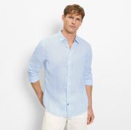 Camicia olymp in puro lino a righe celeste regular fit