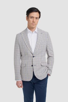 Beige cavani checkered jacket with peak lapel