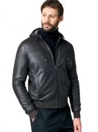 Black leather talent jacket with hood